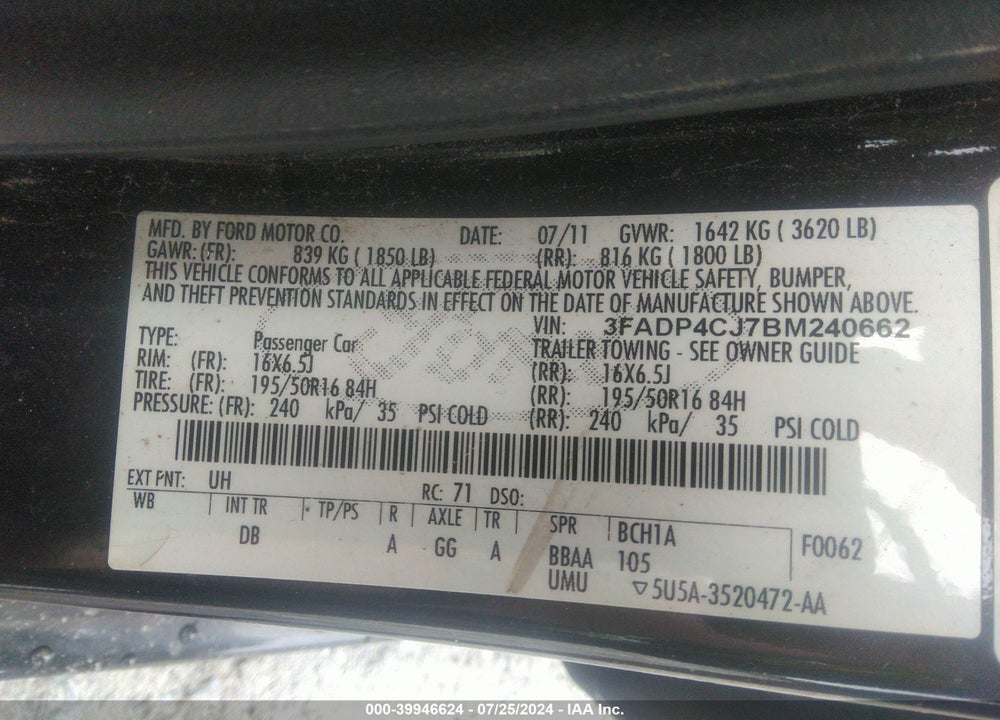2011 FORD FIESTA VIN: 3FADP4CJ7BM240662