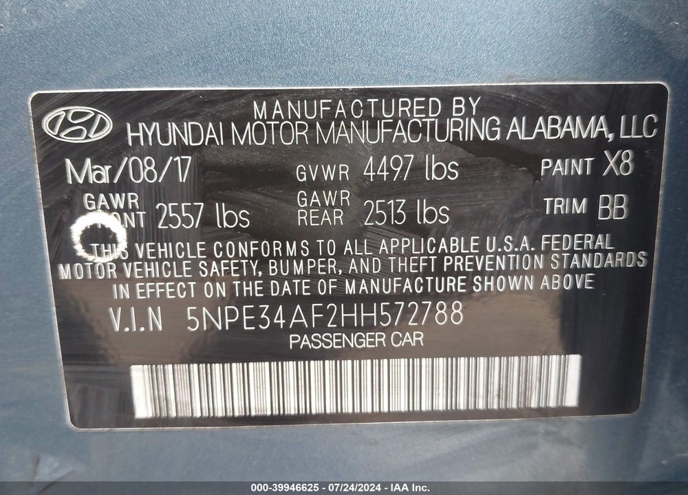 2017 HYUNDAI SONATA VIN: 5NPE34AF2HH572788