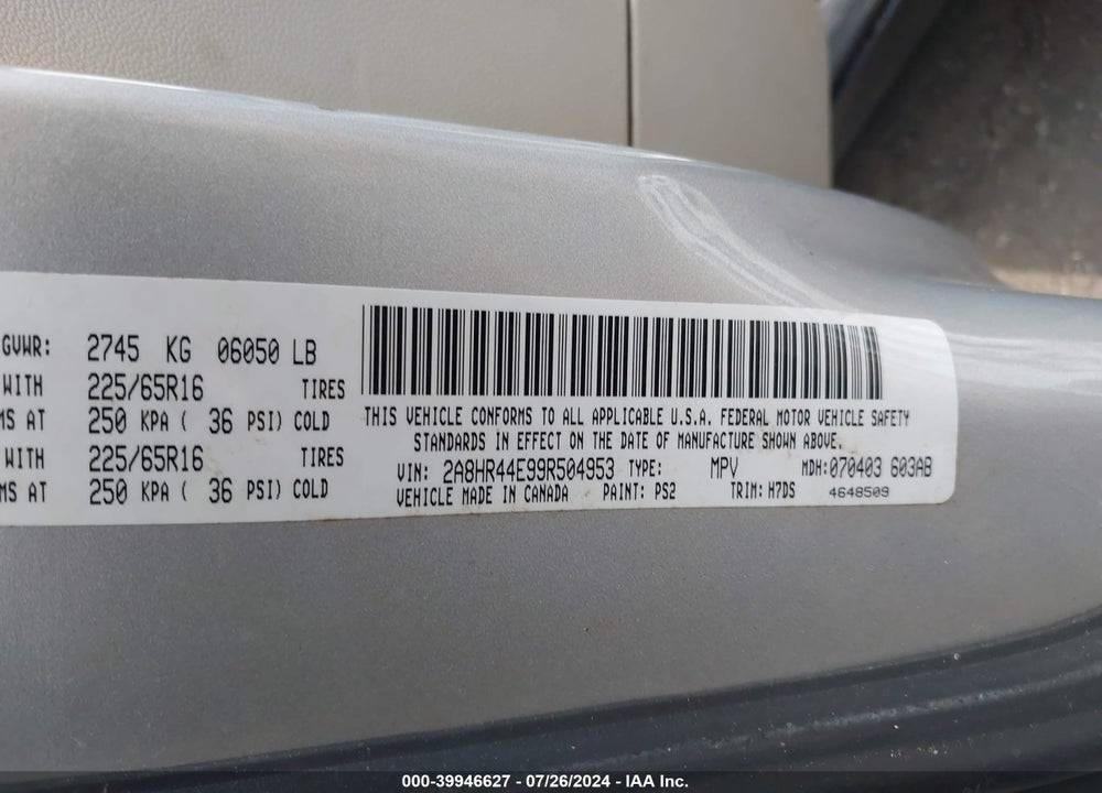 2009 CHRYSLER TOWN & COUNTRY LX VIN: 2A8HR44E99R504953