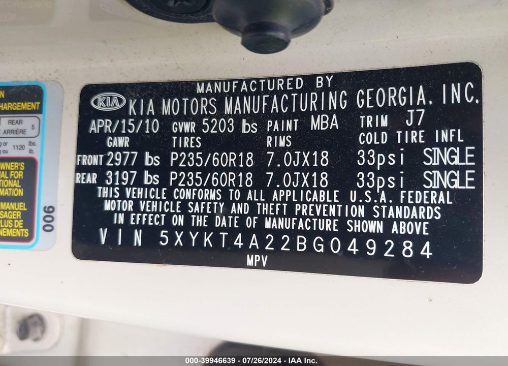 2011 KIA SORENTO LX V6 VIN: 5XYKT4A22BG049284