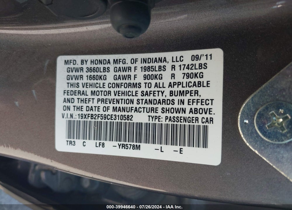 2012 HONDA CIVIC LX VIN: 19XFB2F59CE310582