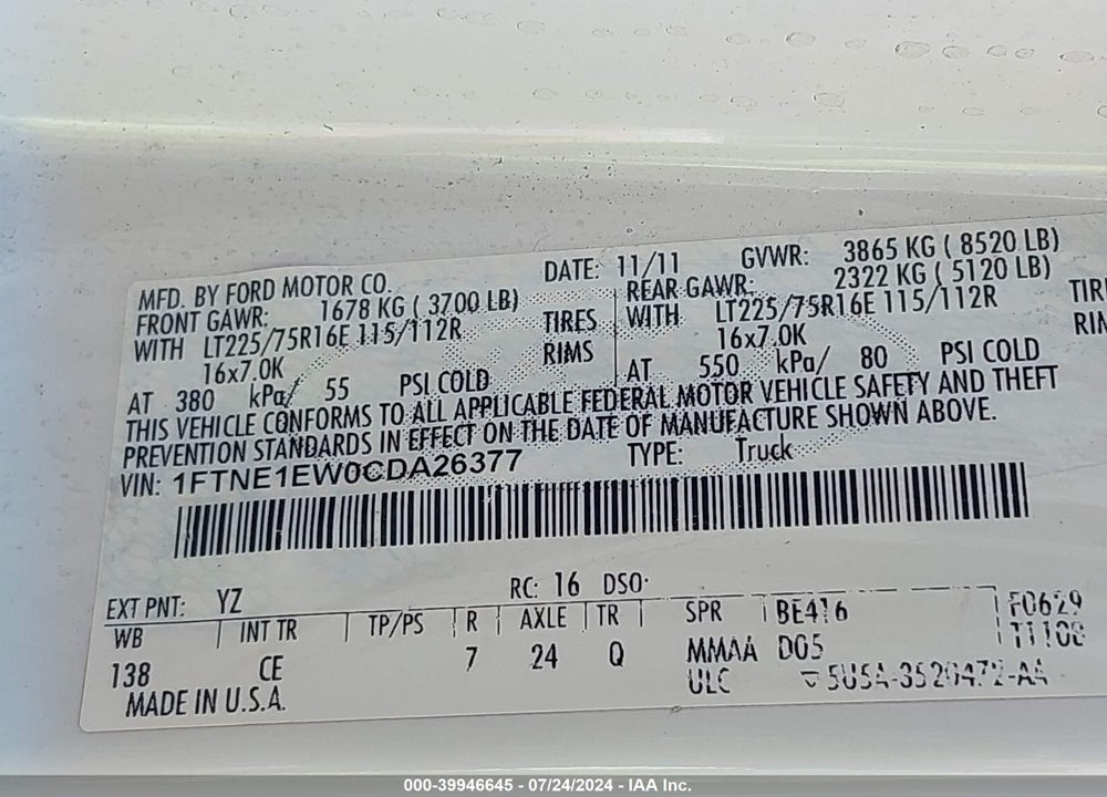 2012 FORD E-150 COMMERCIAL VIN: 1FTNE1EW0CDA26377
