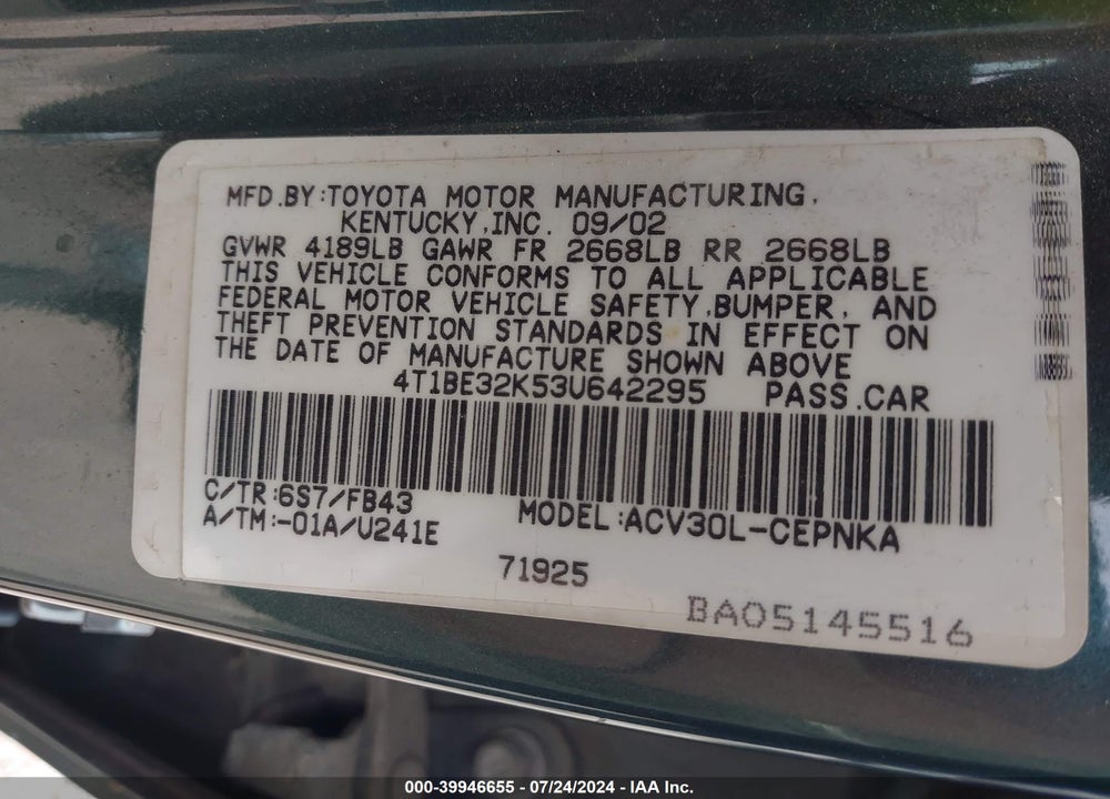 2003 TOYOTA CAMRY LE/SE/XLE VIN: 4T1BE32K53U642295