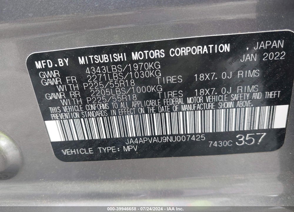 2022 MITSUBISHI OUTLANDER SPORT 2.0 SE 2WD/2.0 SE SPECIAL EDITION 2WD VIN: JA4APVAU9NU007425