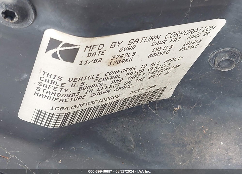 2003 SATURN ION 2 VIN: 1G8AJ52F63Z122503