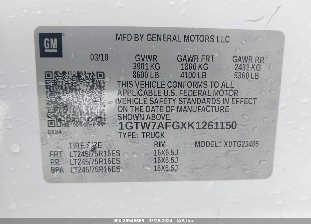 2019 GMC SAVANA 2500 WORK VAN VIN: 1GTW7AFGXK1261150