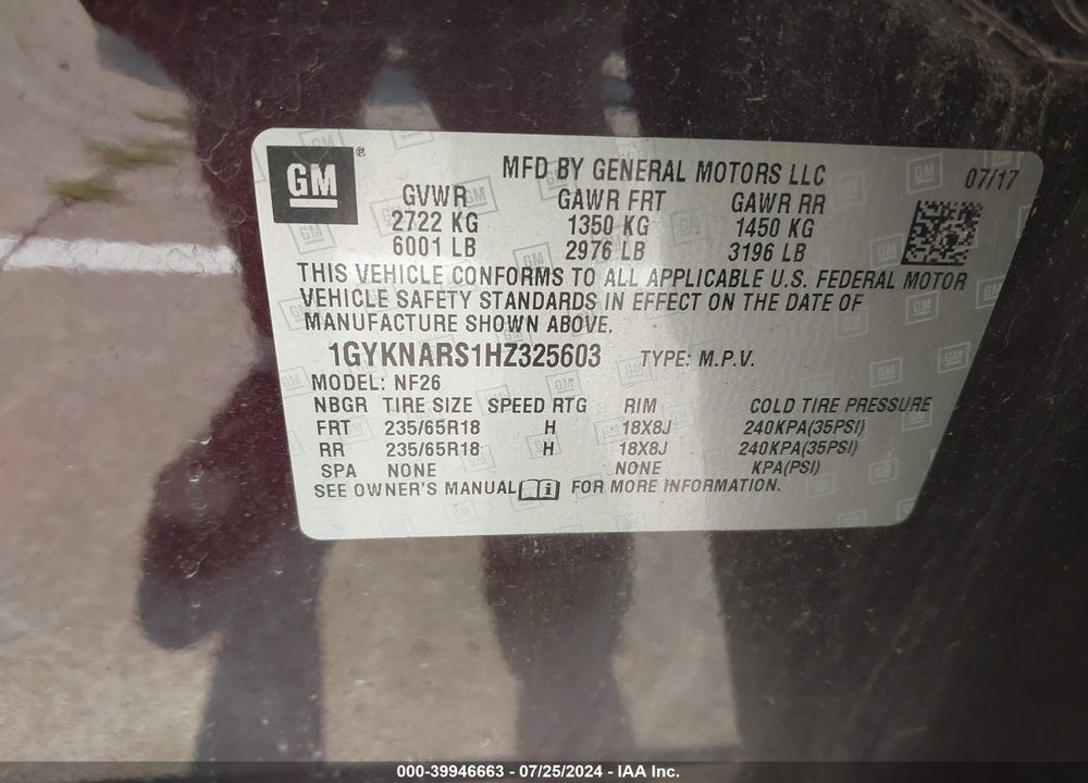 2017 CADILLAC XT5 STANDARD VIN: 1GYKNARS1HZ325603
