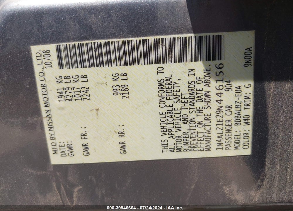 2009 NISSAN ALTIMA 2.5 S VIN: 1N4AL21E29N446156