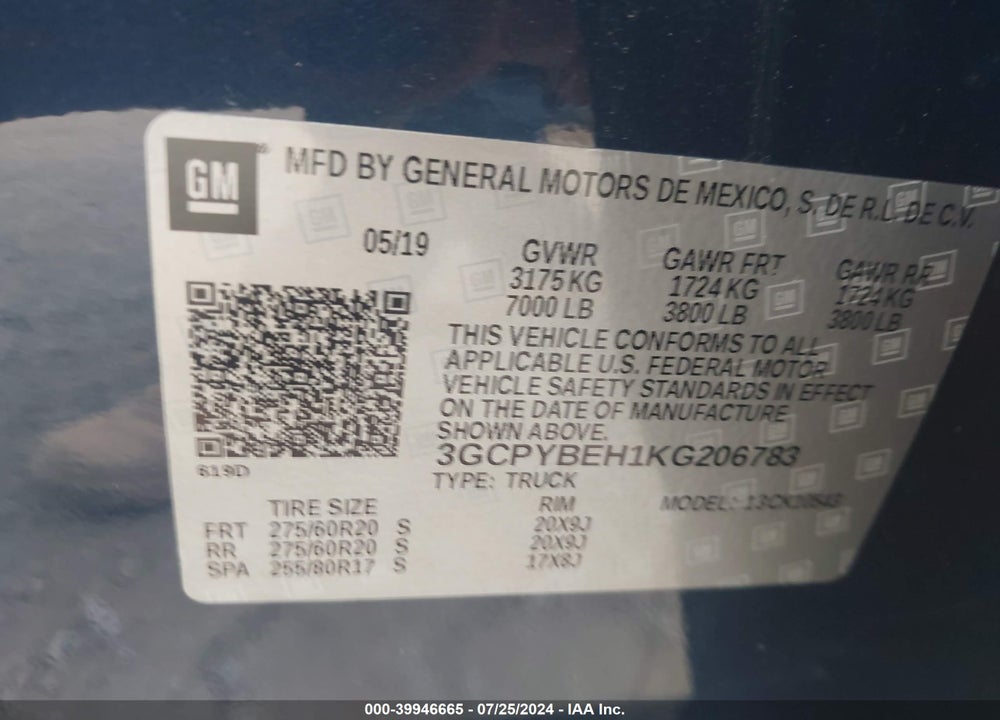 2019 CHEVROLET SILVERADO 1500 VIN: 3GCPYBEH1KG206783