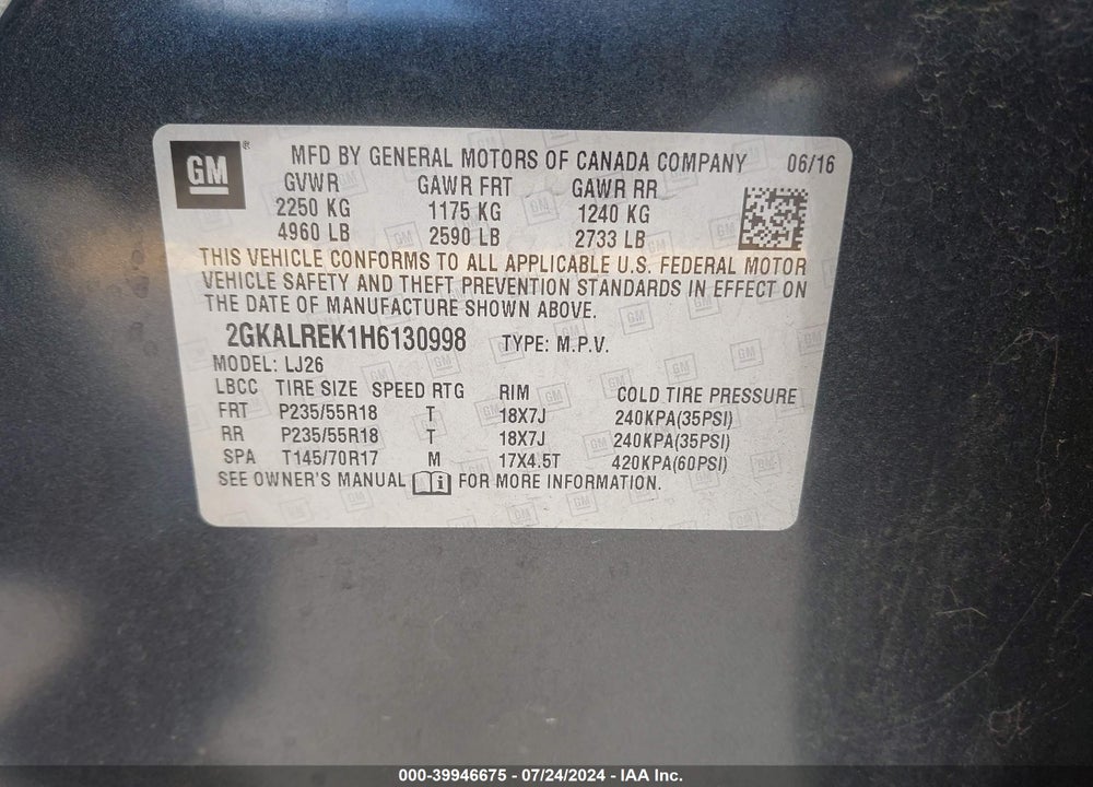 2017 GMC TERRAIN DENALI VIN: 2GKALREK1H6130998