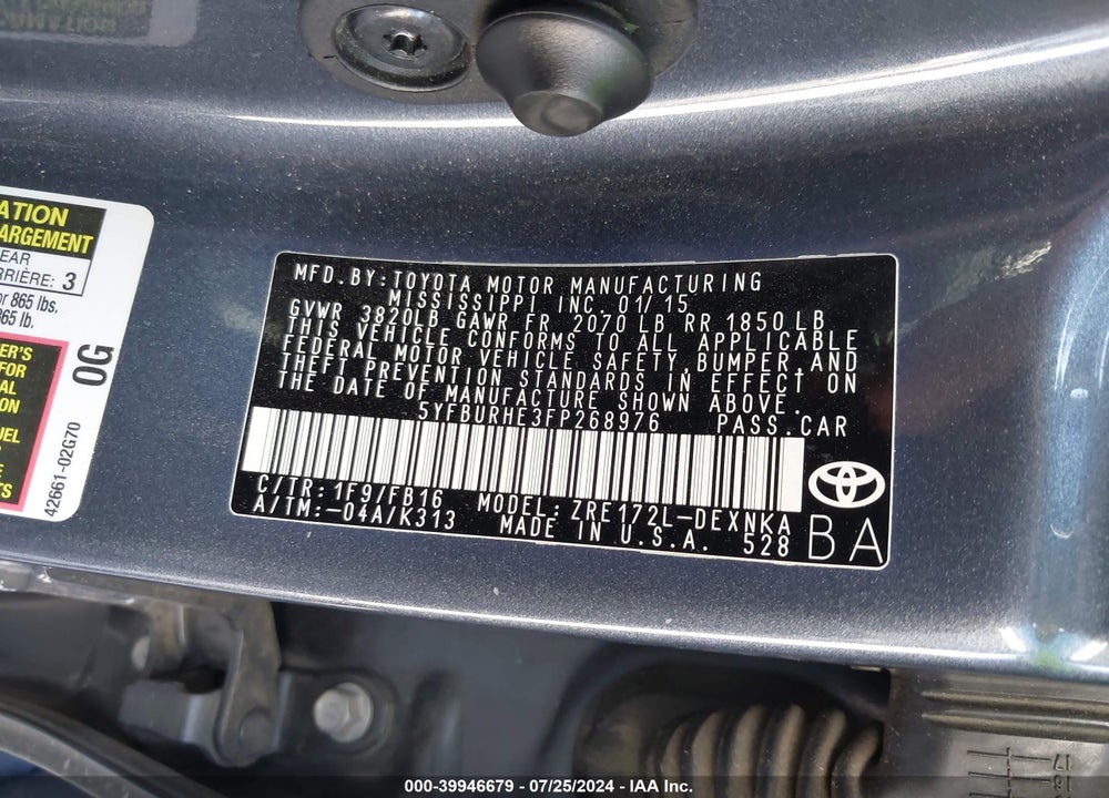 2015 TOYOTA COROLLA L/LE/LE PLUS/LE PREMIUM/S/S PLUS/S PREMIUM VIN: 5YFBURHE3FP268976