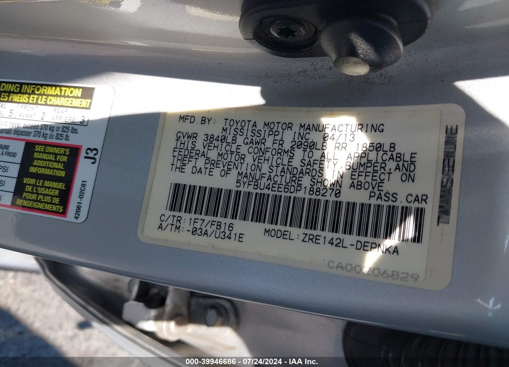 2013 TOYOTA COROLLA LE VIN: 5YFBU4EE6DP188270