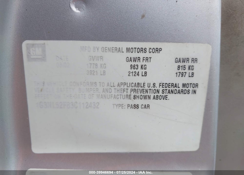 2003 OLDSMOBILE ALERO GL1 VIN: 1G3NL52F83C112432