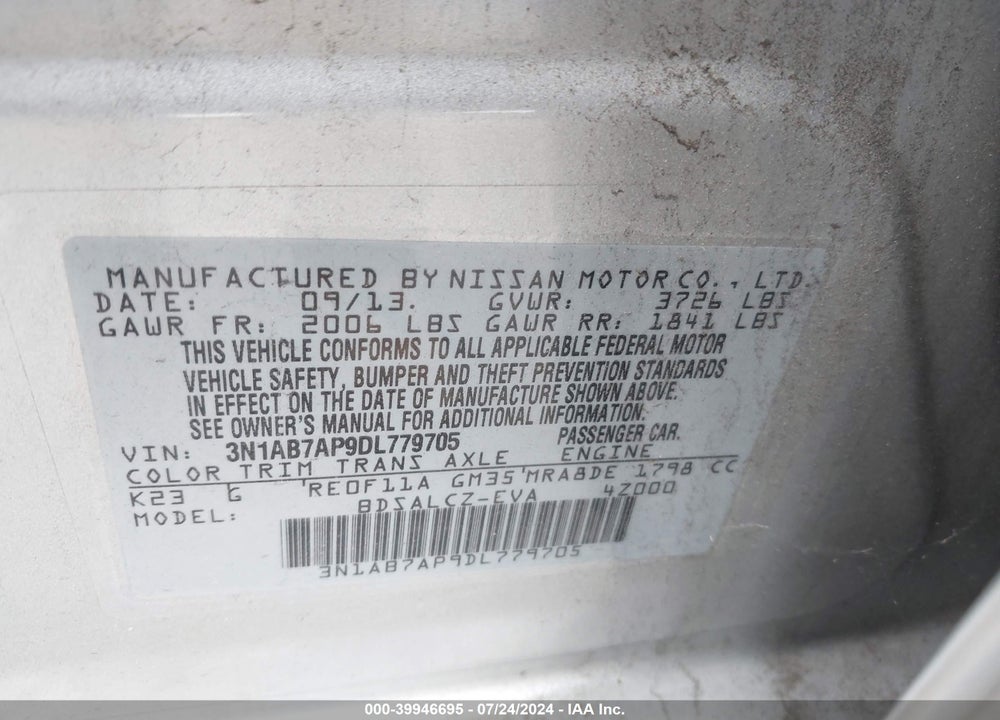 2013 NISSAN SENTRA S VIN: 3N1AB7AP9DL779705