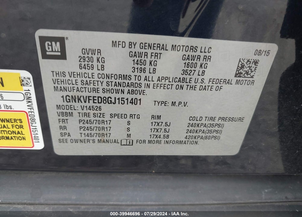 2016 CHEVROLET TRAVERSE LS VIN: 1GNKVFED8GJ151401