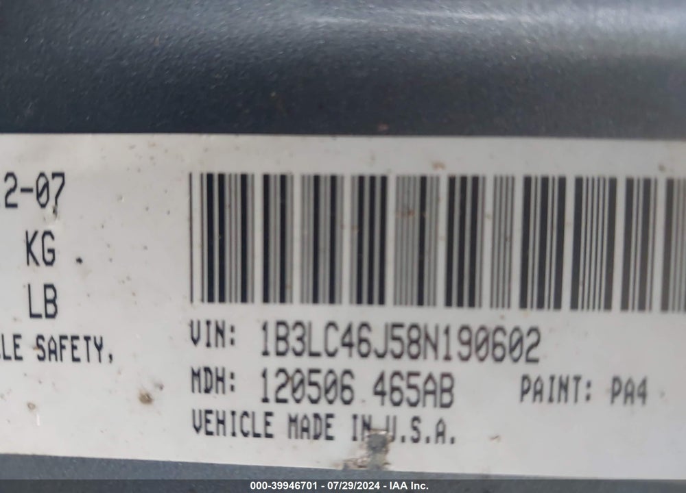 2008 DODGE AVENGER SE VIN: 1B3LC46J58N190602
