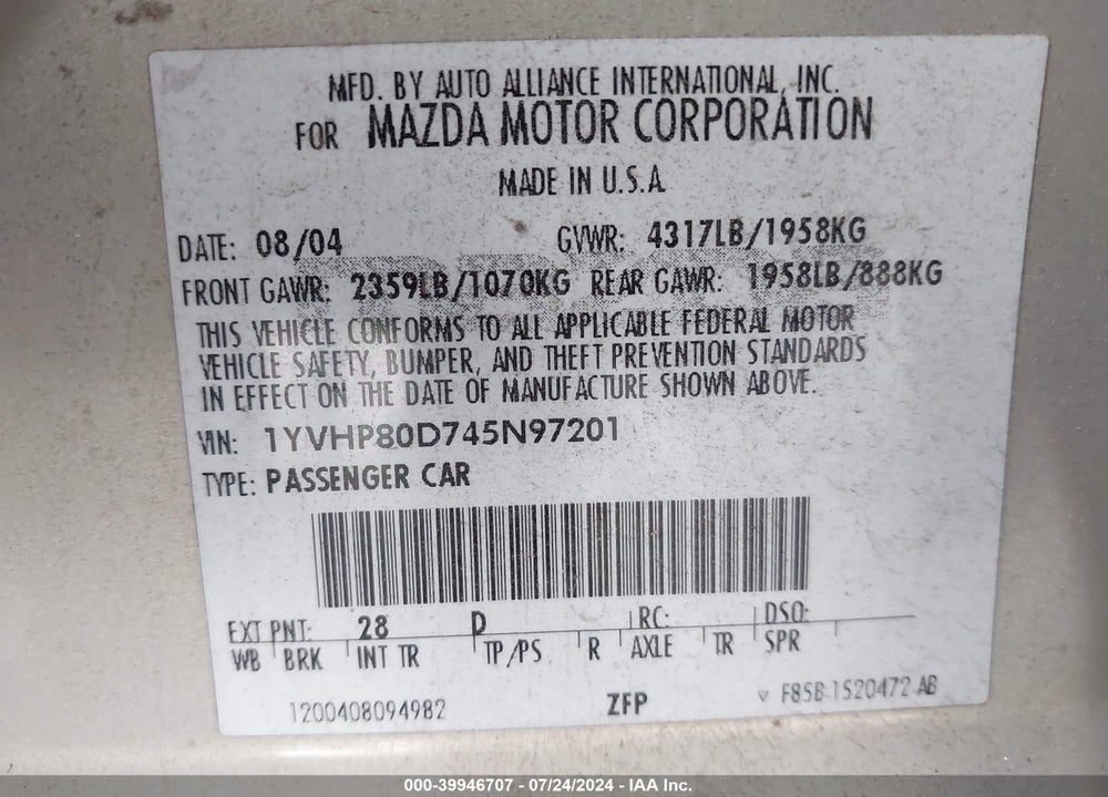2004 MAZDA 6 S VIN: 1YVHP80D745N97201