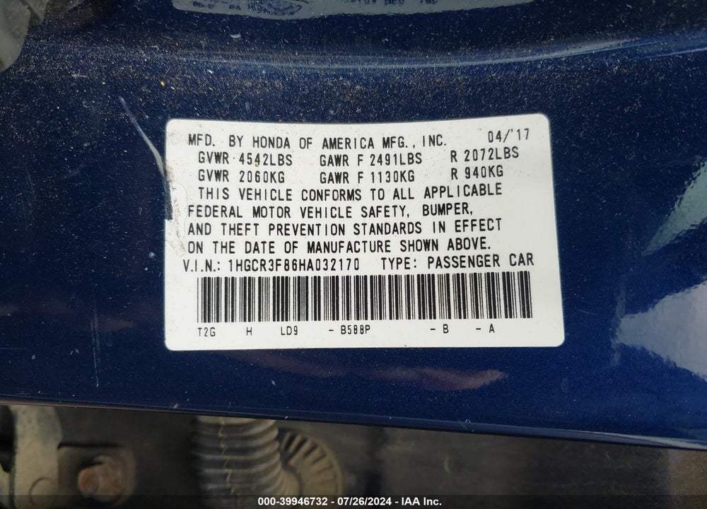 2017 HONDA ACCORD VIN: 1HGCR3F86HA032170