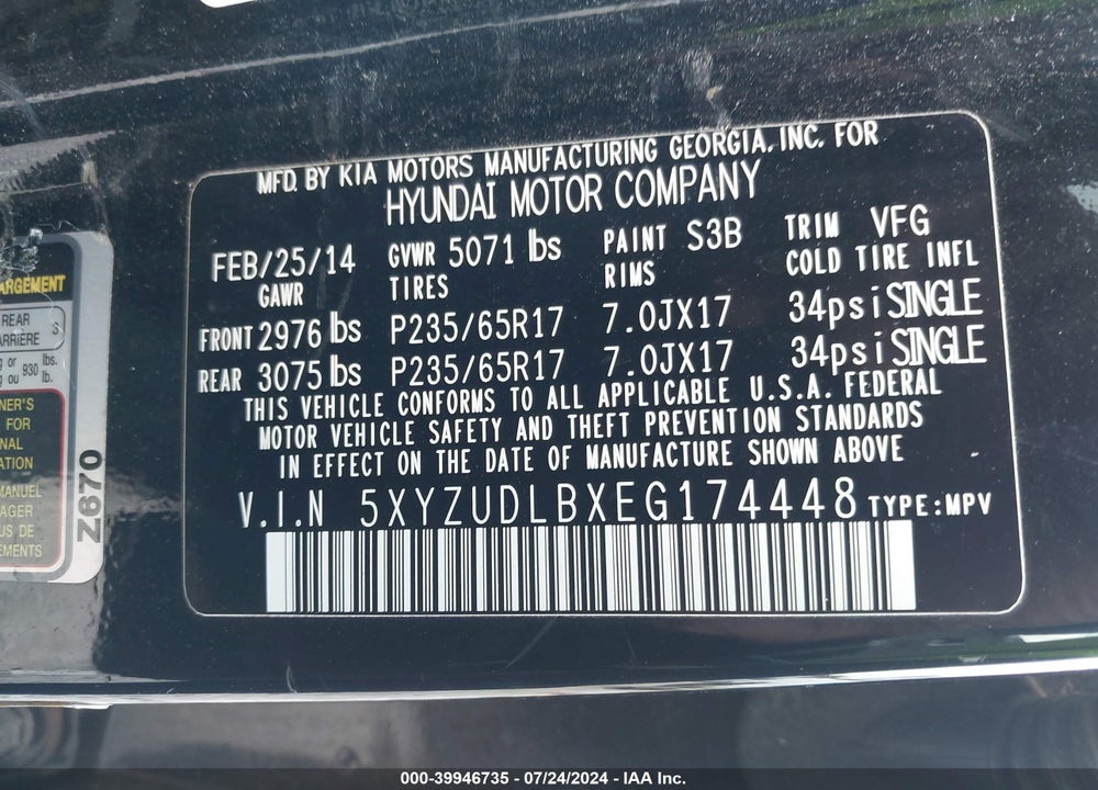 2014 HYUNDAI SANTA FE SPORT 2.4L VIN: 5XYZUDLBXEG174448