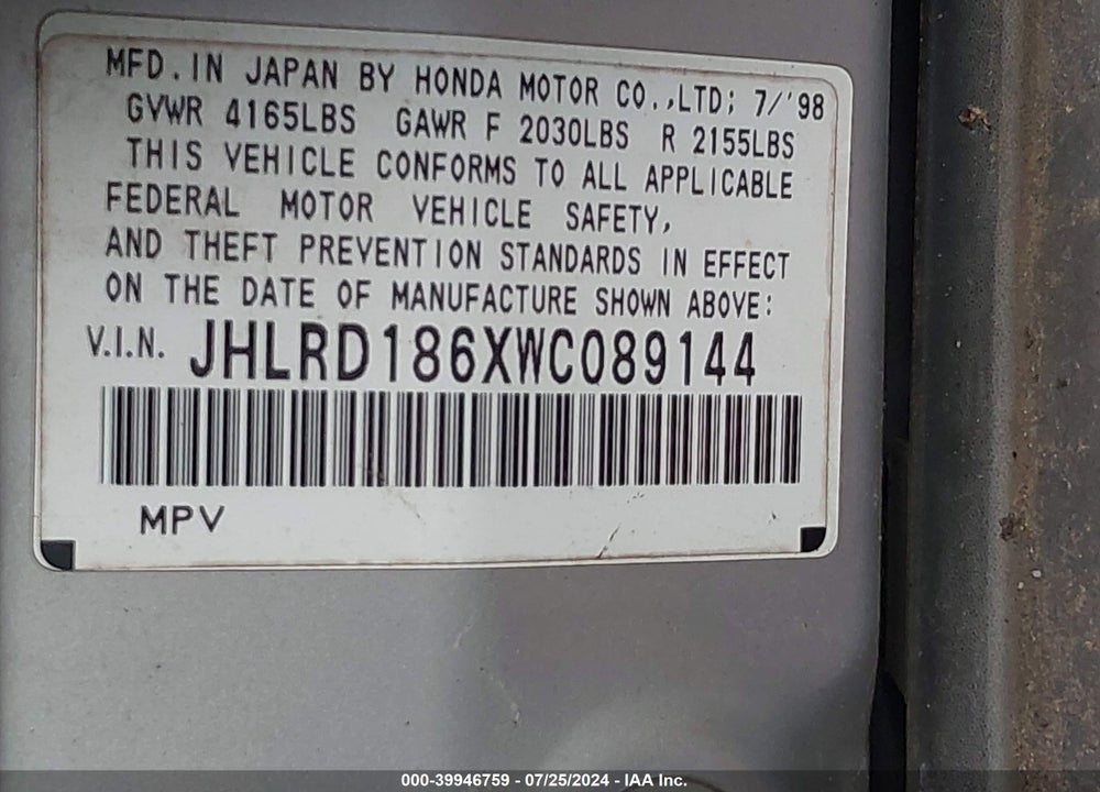 1998 HONDA CR-V EX VIN: JHLRD186XWC089144
