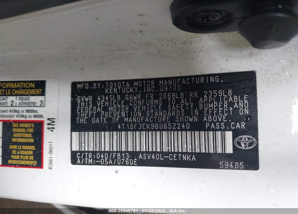 2011 TOYOTA CAMRY VIN: 4T1BF3EK9BU652240