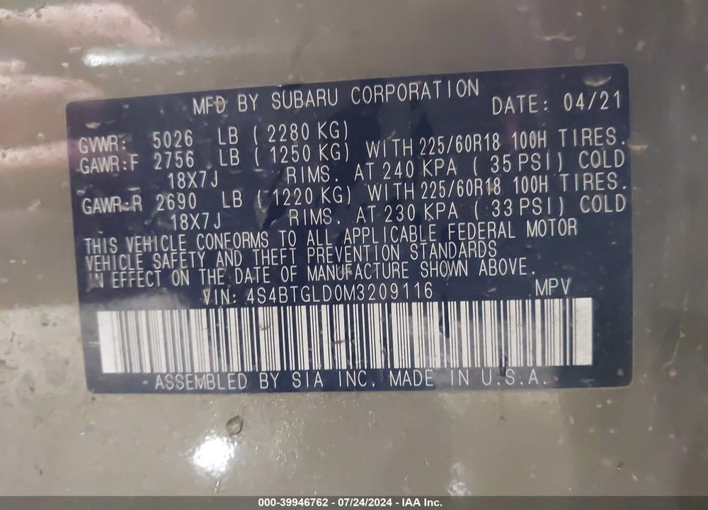 2021 SUBARU OUTBACK ONYX EDITION XT VIN: 4S4BTGLD0M3209116