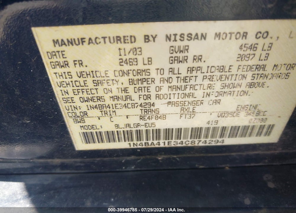 2004 NISSAN MAXIMA 3.5 SL VIN: 1N4BA41E34C874294