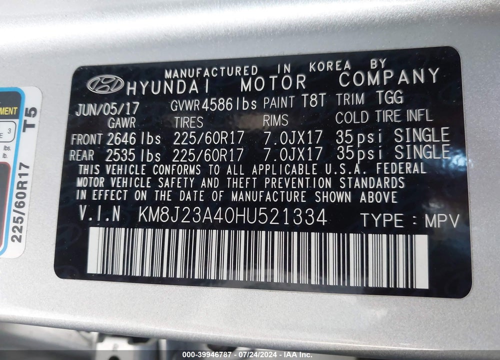 2017 HYUNDAI TUCSON SE VIN: KM8J23A40HU521334