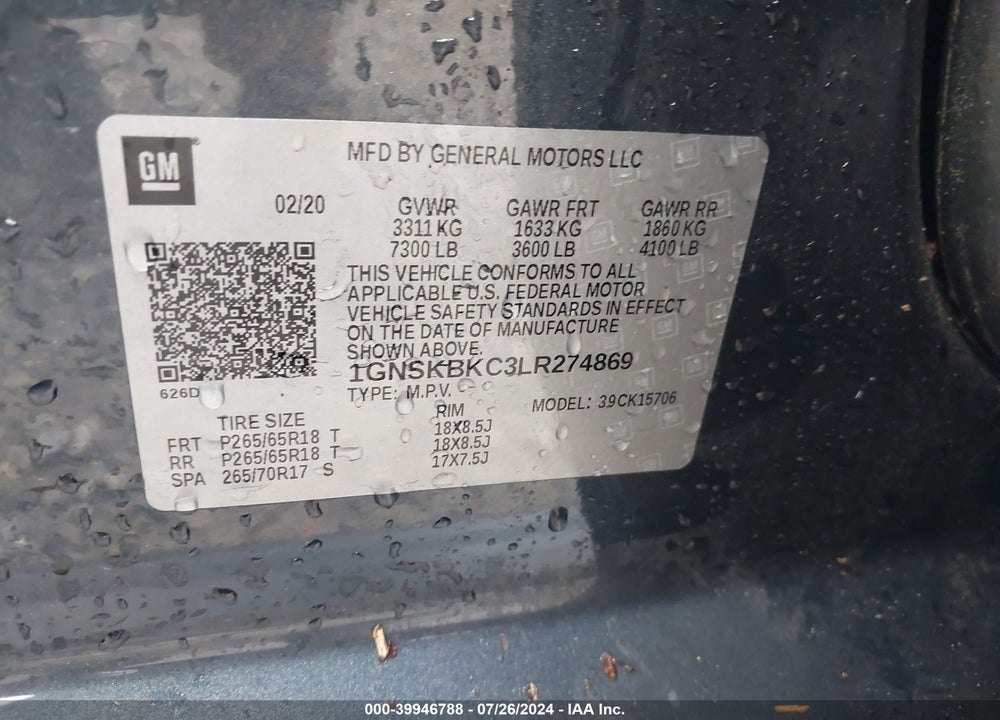 2020 CHEVROLET TAHOE 4WD LT VIN: 1GNSKBKC3LR274869