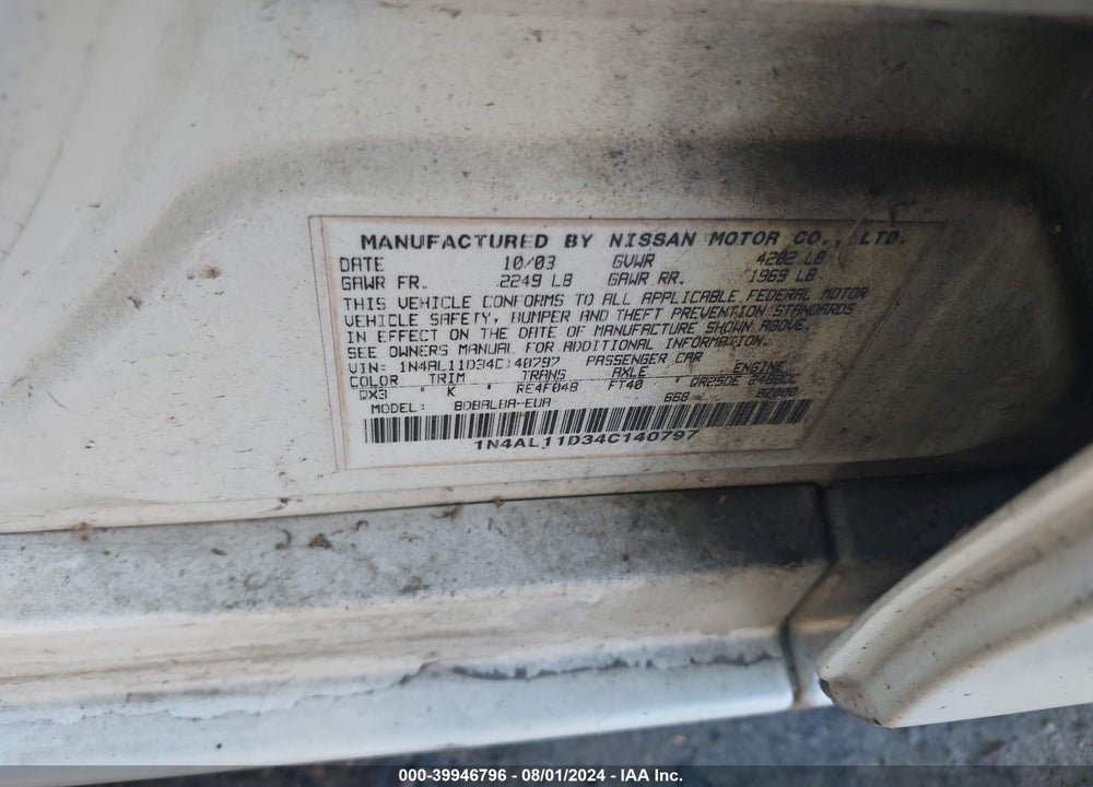 2004 NISSAN ALTIMA 2.5 S VIN: 1N4AL11D34C140797