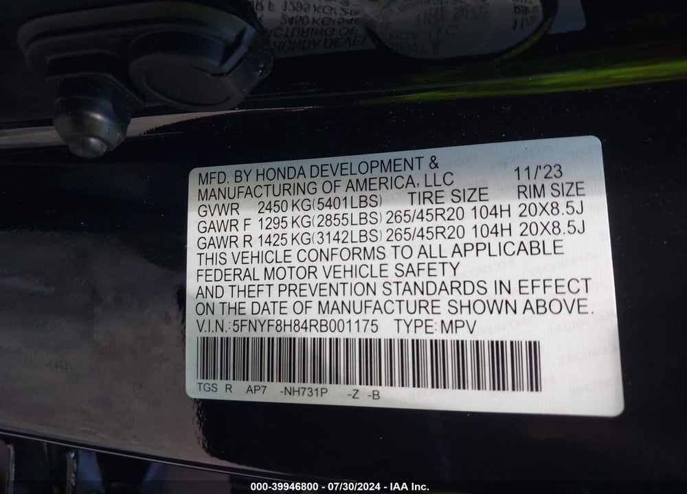 2024 HONDA PASSPORT AWD BLACK VIN: 5FNYF8H84RB001175
