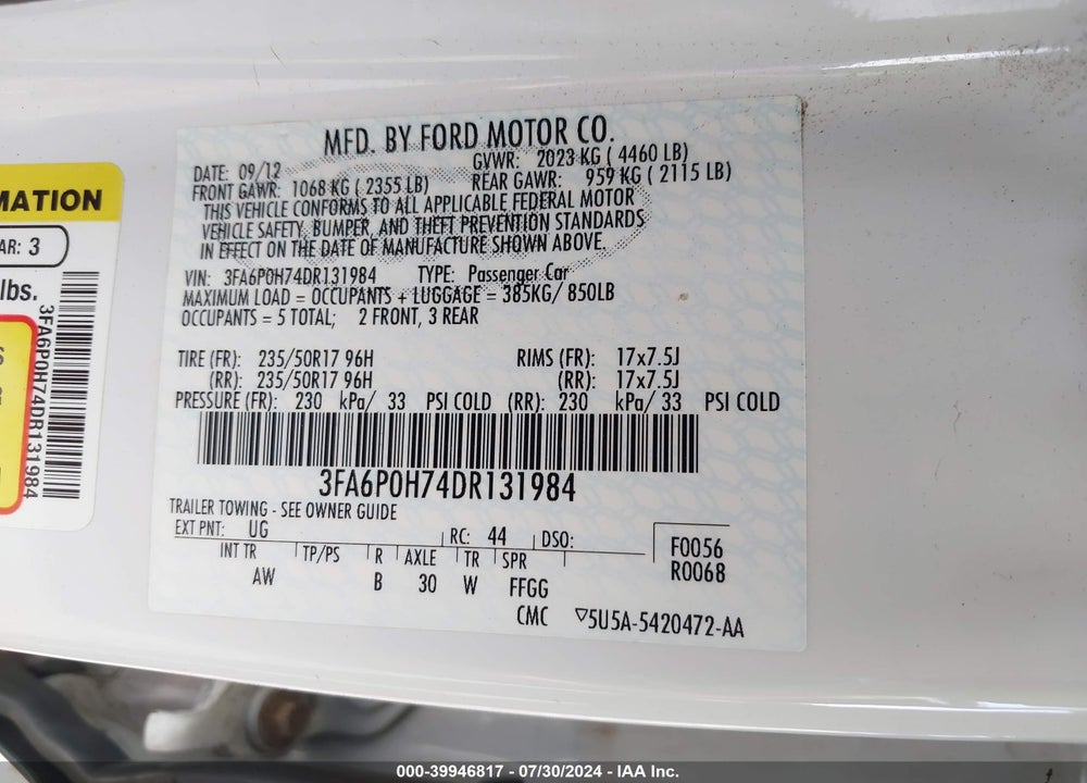 2013 FORD FUSION SE VIN: 3FA6P0H74DR131984