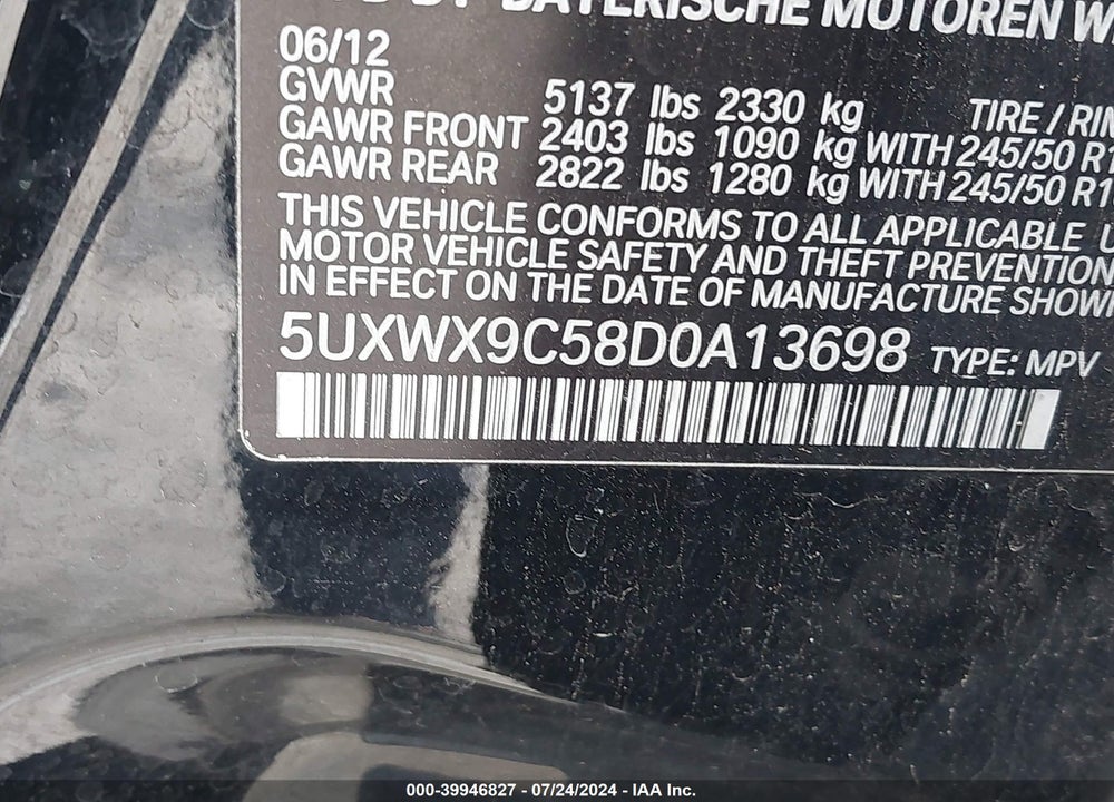 2013 BMW X3 XDRIVE28I VIN: 5UXWX9C58D0A13698