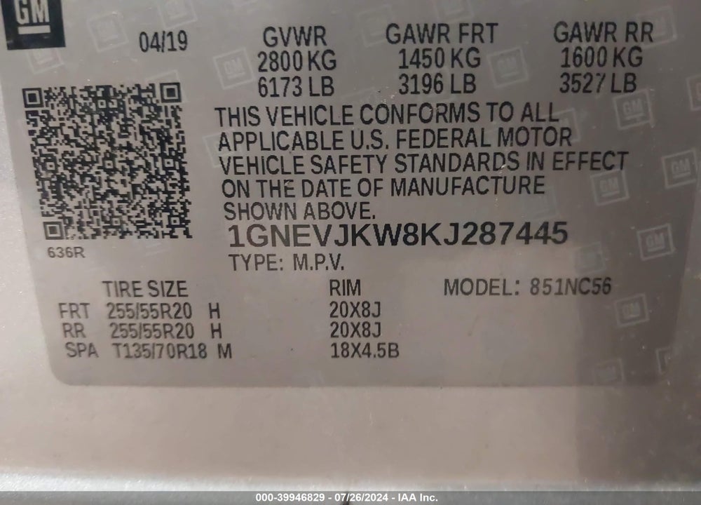 2019 CHEVROLET TRAVERSE RS VIN: 1GNEVJKW8KJ287445