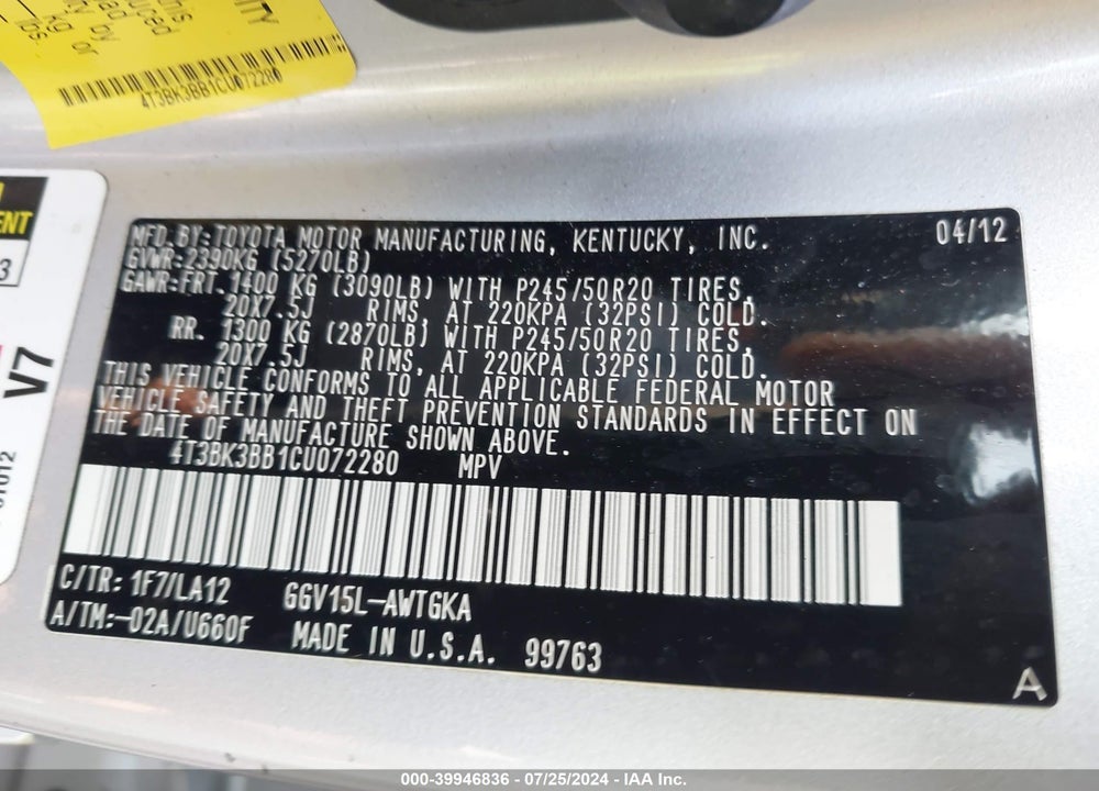 2012 TOYOTA VENZA XLE V6 VIN: 4T3BK3BB1CU072280