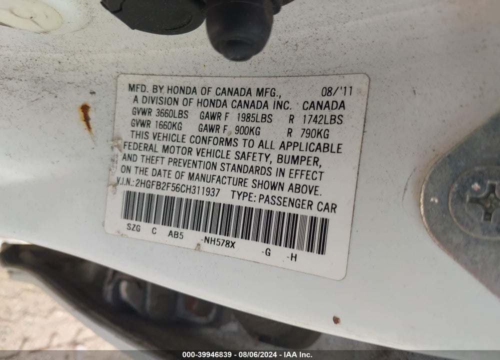 2012 HONDA CIVIC LX VIN: 2HGFB2F56CH311937