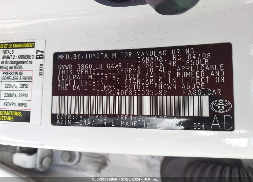 2009 TOYOTA MATRIX VIN: 2T1KU40E89C035582