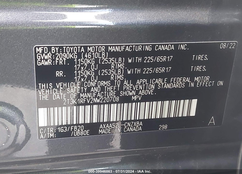 2022 TOYOTA RAV4 LE VIN: 2T3K1RFV2NW220708