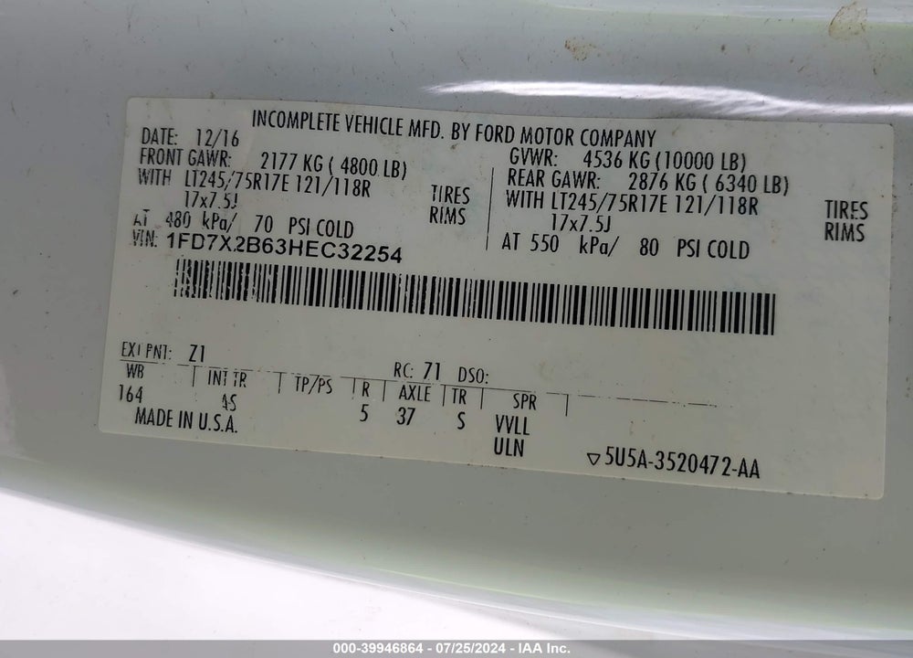 2017 FORD F-250 XL VIN: 1FD7X2B63HEC32254