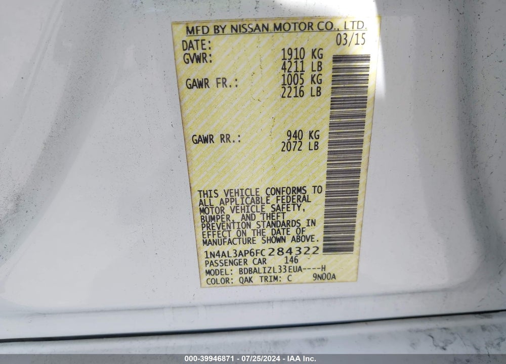 2015 NISSAN ALTIMA 2.5 SV VIN: 1N4AL3AP6FC284322