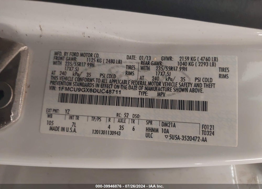 2013 FORD ESCAPE SE VIN: 1FMCU9GX6DUC48711