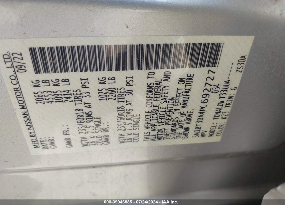 2023 NISSAN ROGUE SV FWD VIN: 5N1BT3BA4PC692727