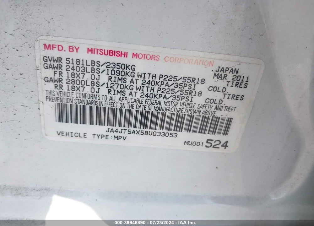 2011 MITSUBISHI OUTLANDER GT VIN: JA4JT5AX5BU033053