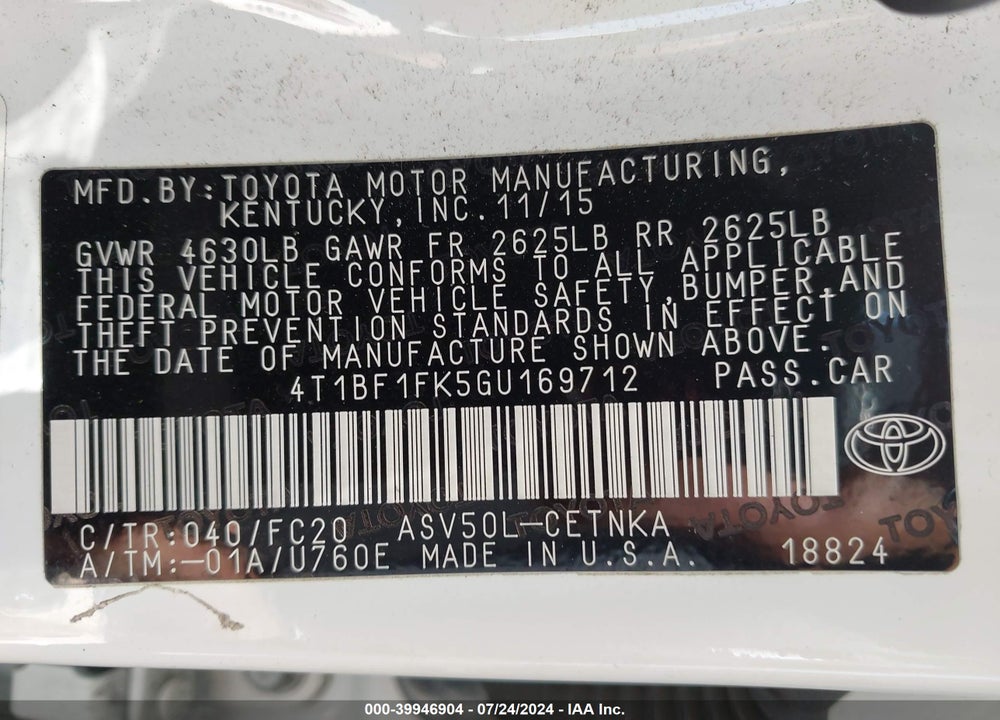 2016 TOYOTA CAMRY LE VIN: 4T1BF1FK5GU169712