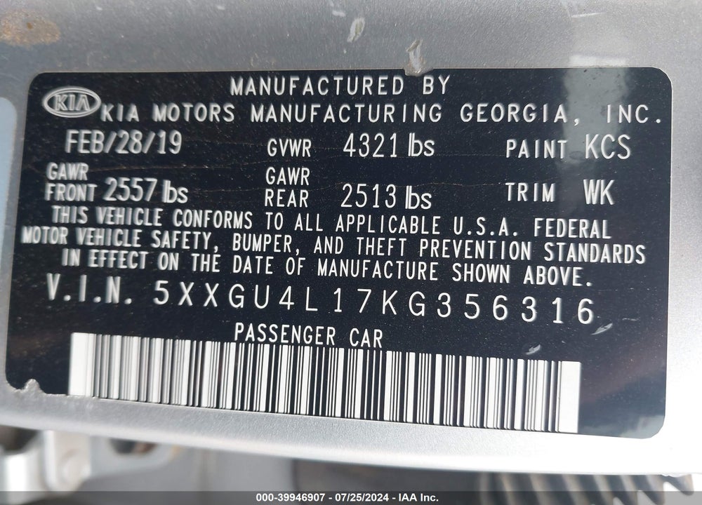 2019 KIA OPTIMA VIN: 5XXGU4L17KG356316
