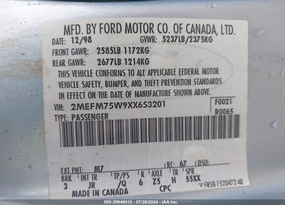 1999 MERCURY GRAND MARQUIS LS VIN: 2MEFM75W9XX653201