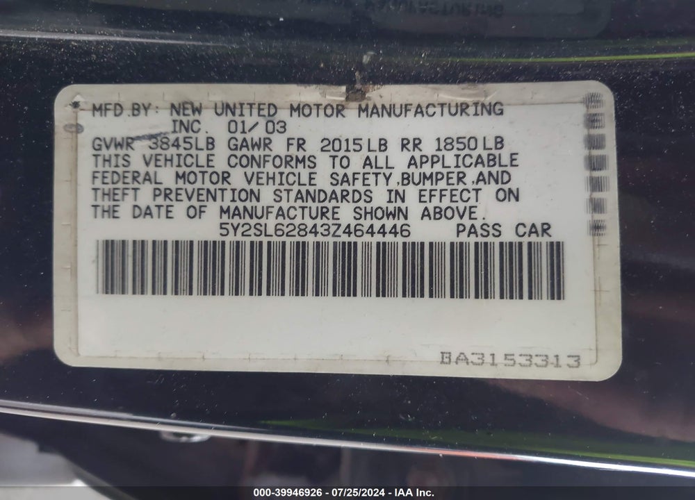 2003 PONTIAC VIBE VIN: 5Y2SL62843Z464446