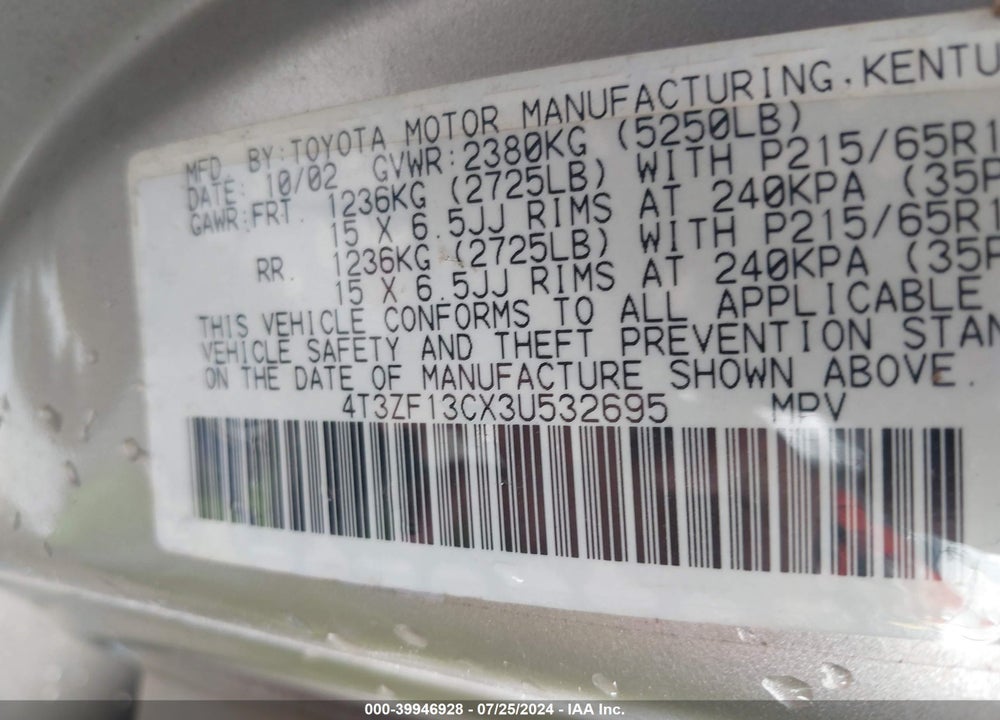 2003 TOYOTA SIENNA LE VIN: 4T3ZF13CX3U532695