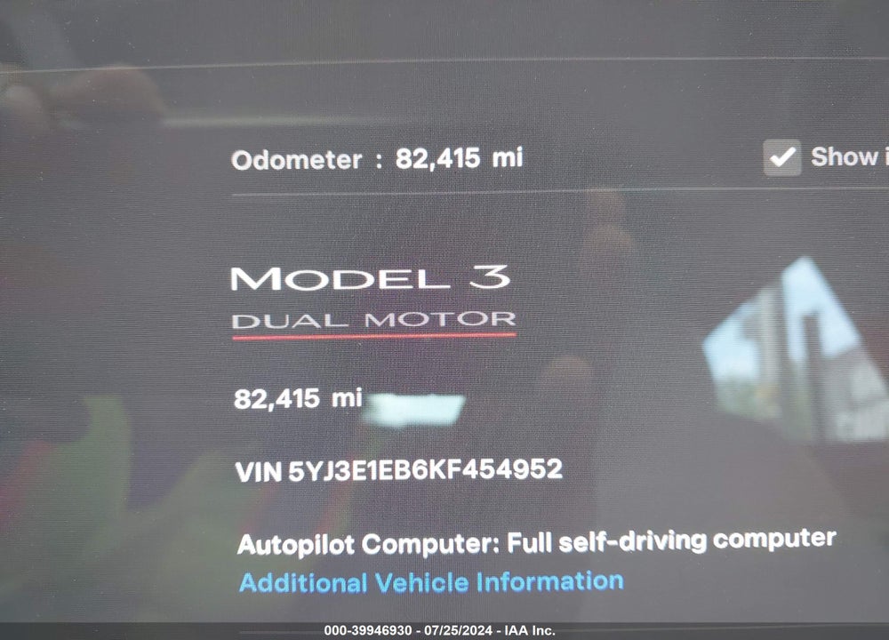 2019 TESLA MODEL 3 LONG RANGE/PERFORMANCE VIN: 5YJ3E1EB6KF454952