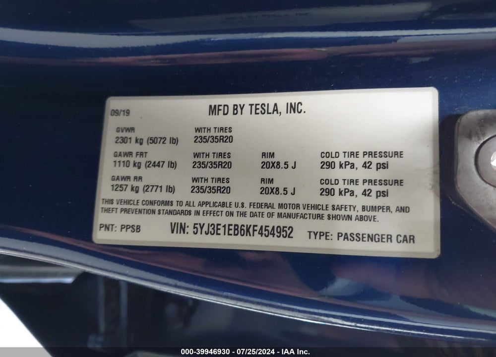 2019 TESLA MODEL 3 LONG RANGE/PERFORMANCE VIN: 5YJ3E1EB6KF454952